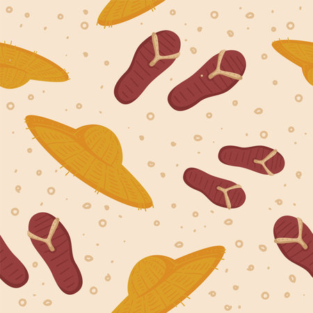 Vacation and rest, beach with flip flops and hatのイラスト素材