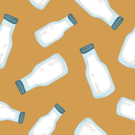 Bottled milk, dairy products seamless patternのイラスト素材