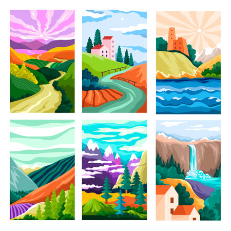 Landscape with waterfall, forest and mountainsのイラスト素材