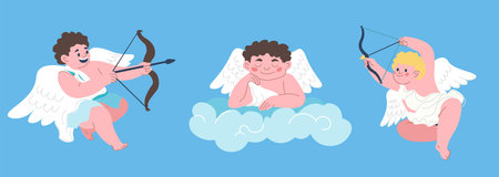 Angels and cupids with arrows on cloud in haven