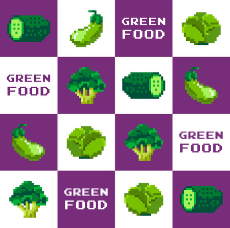 Green food pixel art, organic and natural veggiesのイラスト素材