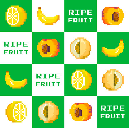 Banana and lemon, melon and peach ripe fruitsのイラスト素材
