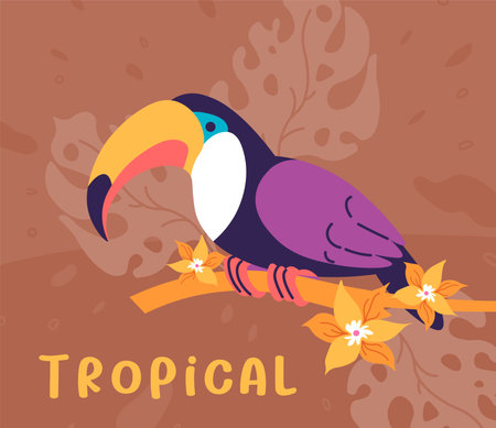 Tropical birds, toucan on blooming vanilla branchのイラスト素材