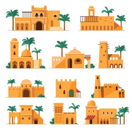 Set of traditional arabic mud brick buildingsのイラスト素材