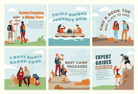Social media post set with hiking travel offersのイラスト素材