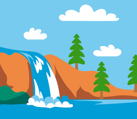 Post mark design set with cartoon nature landscape. Colorful home building at hills, postal stamp collection, vector illustration. Hiking tents, waterfall at decorative postage markのイラスト素材