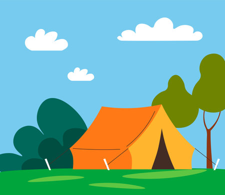 Post mark design set with cartoon nature landscape. Colorful home building at hills, postal stamp collection, vector illustration. Hiking tents, waterfall at decorative postage markのイラスト素材