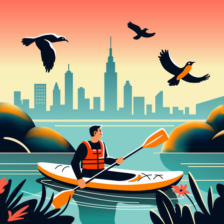 Kayaking in Urban Sunset Sceneのイラスト素材