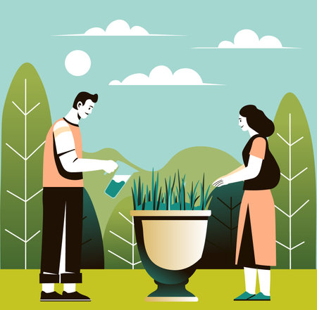 Urban Gardening and Watering Plantsのイラスト素材