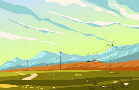 Mountain Landscape with Power Linesのイラスト素材