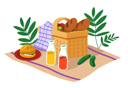 a Basket And Food On Blanketのイラスト素材