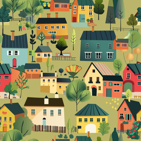 Village Houses Seamless Pattern vectorのイラスト素材