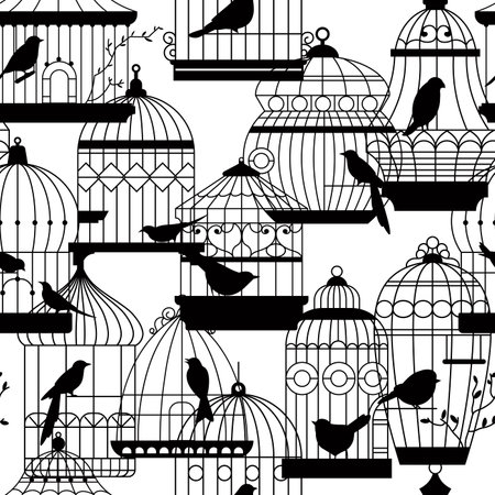 Birdcages Silhouettes Seamless Pattern vectorのイラスト素材