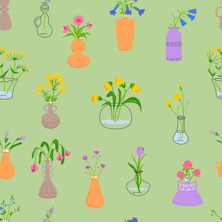 Flower Vases on Green Backgroundのイラスト素材