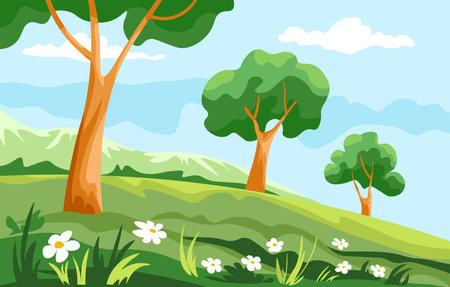 Trees and Flowers in Green Meadowのイラスト素材