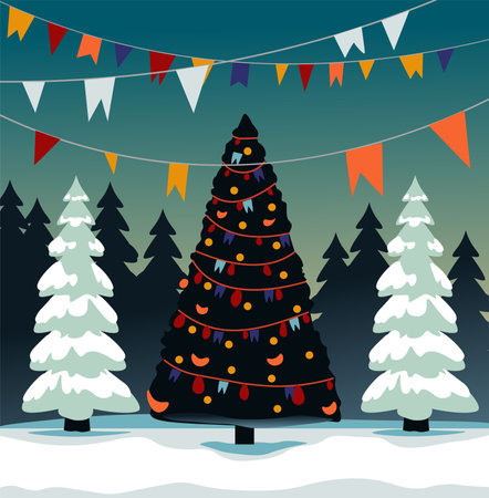 Festive Christmas Tree and Bannersのイラスト素材