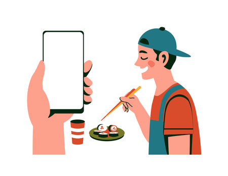 Eating sushi with chopsticks illustrationのイラスト素材