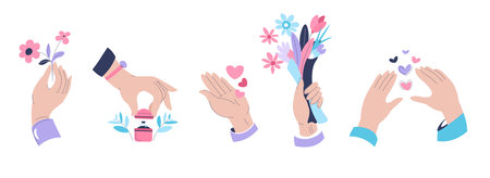 Hands Holding Flowers And Heartsのイラスト素材