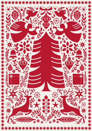 Christmas Tree Folk Art Illustrationのイラスト素材