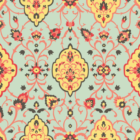 Teal Yellow Red Floral Damask Printのイラスト素材