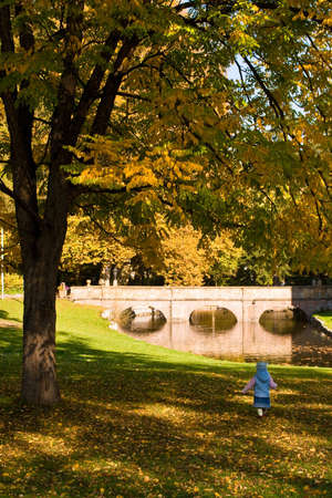 An old maple tree and a kid running towards the castle bridge. Photo made in the old castle park in Germany.の写真素材