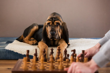 Curious bloodhound puppy lying on bed and looking at chess pieces. Concept of strategy and...