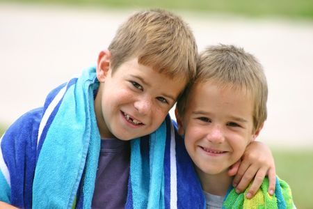 Boys with Beach Towelsの写真素材