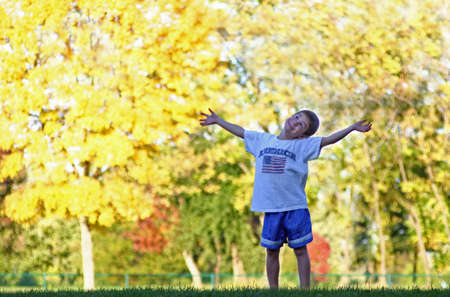 Boy in with Fall Treesの写真素材
