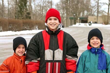 Boys Outside in Winterの写真素材