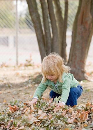 Girls Playing in Fall Leavesの写真素材