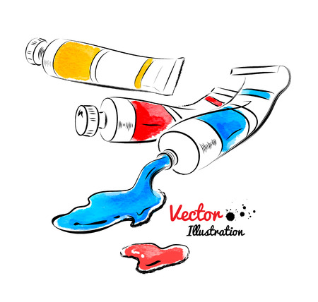 Paint tubes and oil paint. Watercolor and line art.のイラスト素材