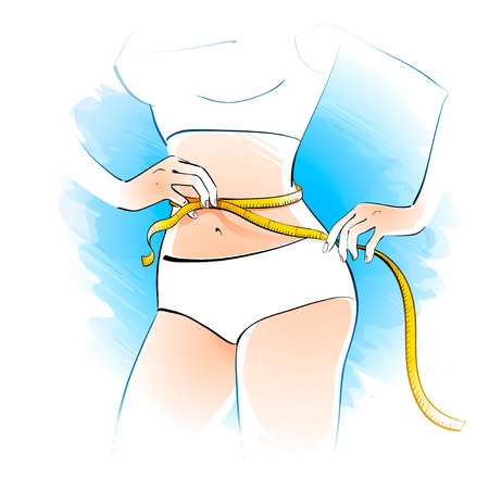 Vector illustration of girl measuring her waist.のイラスト素材