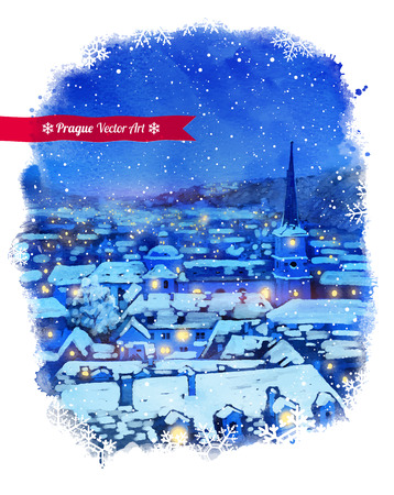 Vector watercolor illustration of winter Prague cityscape.のイラスト素材