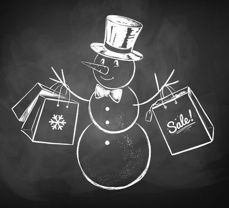Chalkboard drawing of snowman with shopping bags.のイラスト素材