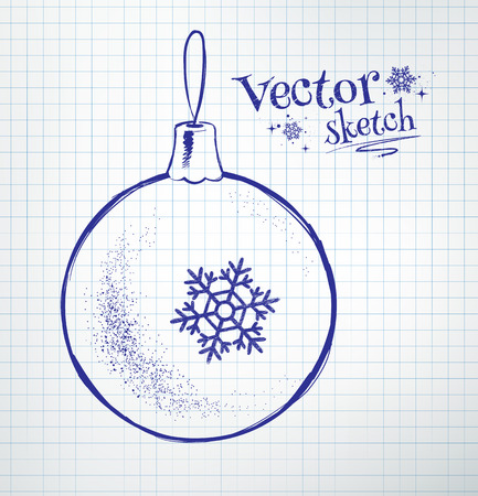 Christmas ball drawn on checkered school notebook paper background.のイラスト素材