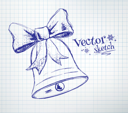 Christmas bell with bow drawn on checkered paper.のイラスト素材