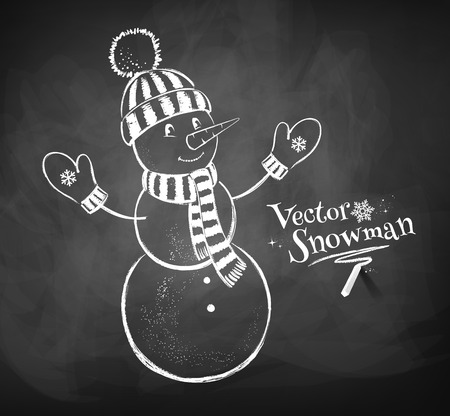 Cute snowman drawn on chalkboard background.のイラスト素材