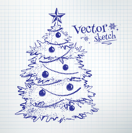 Christmas tree drawn on checkered school notebook paper background.のイラスト素材