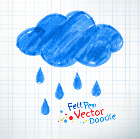 Vector illustration of rainy cloud. Felt pen childlike drawing on checkered notebook paper.のイラスト素材