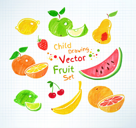 Felt pen childlike drawings of fruit on school checkered paper.のイラスト素材