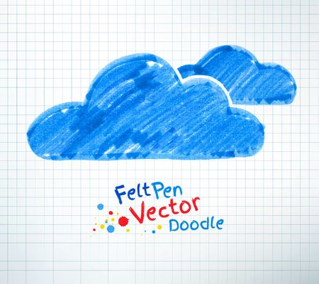 Felt pen vector childlike drawing of clouds on checkered school notebook background.のイラスト素材