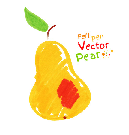 Vector felt pen child drawing of yellow pear with leaf.のイラスト素材