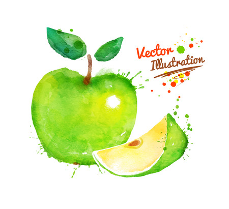Vector watercolor hand drawn apple with paint splashes.のイラスト素材