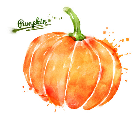 Watercolor hand drawn illustration of pumpkin with paint splashes.の写真素材