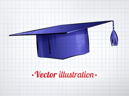 Hand drawn color vector illustration of mortarboard on notebook checkered paper background.のイラスト素材