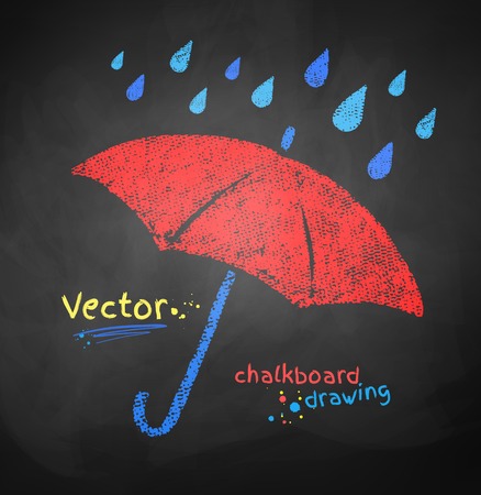 Color chalked vector illustration of rain drops and red umbrella.のイラスト素材