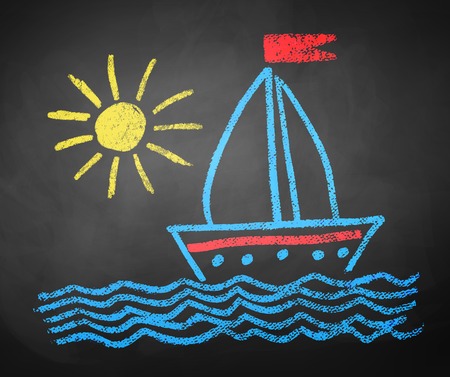 Kids color chalked drawing of seaside, ship and sun on school blackboard background.のイラスト素材
