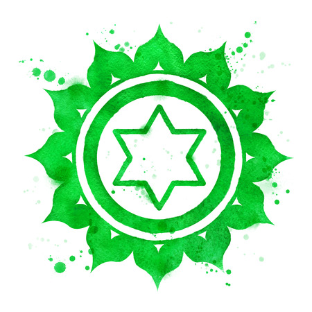 Watercolor illustration of Anahata chakra symbol with paint splashes.の写真素材