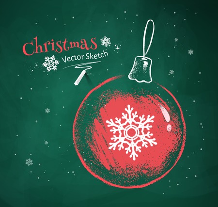 Red and white chalk vector sketch of Christmas ball with snowflake on green chalkboard background.のイラスト素材