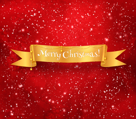 Gold Christmas ribbon banner with garland on red glowing watercolor background with falling snow.のイラスト素材